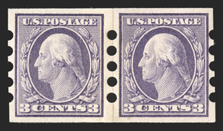 483, 3c Violet imperforate, Ty. I, Mail-o-meter Ty. IV perforations, paste-up pair, well centered and margined, o.g., trivial h.r., extremely fine 2010 PF
certificate.