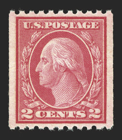487, 2c Carmine coil, Ty. II, perf. 10 horiz., the perfect mint single, with mathematically precise centering within wide margins, radiant rich color and a beautiful
impression, pristine o.g., n.h., superb 2010 PSE certificate (Gem 100 SMQ $