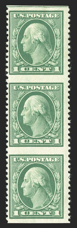 498a, 1c Green, imperforate horizontally, top margin vertical strip of three, showing the horizontal interpane guide line at top, deep rich color, o.g., top stamp h.r., however
the bottom pair is n.h., fine and rare while only a single pane o