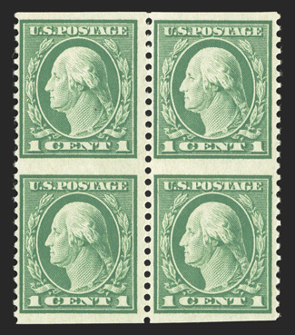 498a, 1c Green, imperforate horizontally, block of four containing two error pairs, vivid rich color on fresh paper, o.g., l.h., fine and rare only a single pane of 100 was
discovered.