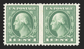 498b, 1c Green, imperforate between, an especially choice horizontal pair, extraordinarily well centered and margined for this typically off center error, rich verdant color on
fresh white paper, o.g., n.h., extremely fine among the finest exam