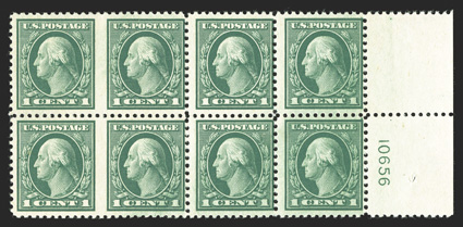 498b, 1c Green, imperforate between, right sheet-margin plate no. 10656 block of eight (4x2), the left block of four containing two error pairs, luxuriant color on fresh paper,
o.g., top error pair very lightly hinged and the bottom error pair n