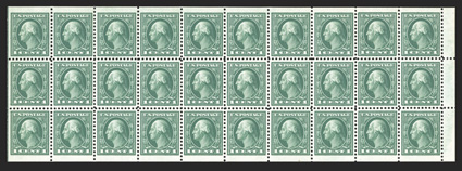 498f, 1c Green A.E.F. booklet pane of thirty, an exceedingly handsome example of this scarce booklet pane, possessing the finest centering and largest margins we have ever
encountered on this, being extraordinarily well centered throughout, with