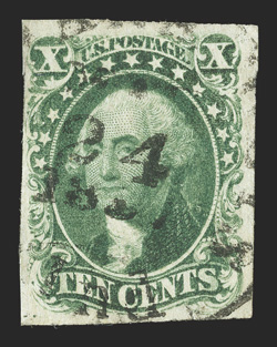 13, 10c Green, Ty. I, mostly large margins to clear at upper left, bright and fresh, town cancel, nearly very fine.