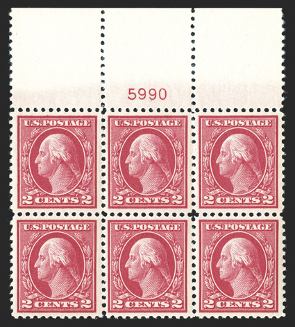 499, 2c Rose, Ty. I, full top margin plate no. 5990 block of six, this being the master plate for making the electrolytic plate 6023 for the 2 cents design in 1912, which was
finally certified and sent to press in 1922, gloriously rich color a