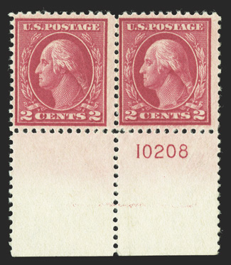 499, 500, 2c Deep rose, Ty. I and Ty. Ia, bottom margin mint horizontal pair with plate no. 10208, pos. 95-96, the left stamp Ty. Ia, post office fresh, rich distinctive color,
o.g., n.h., fine rarely offered as a pair, since most examples are