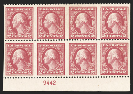 499b, 2c Rose, Ty. I, imperforate vertically, an incredibly rare bottom sheet-margin plate no. 9442 block of eight containing four error pairs, the bottom strip of four being
exceptionally well centered within uncharacteristically large margins,