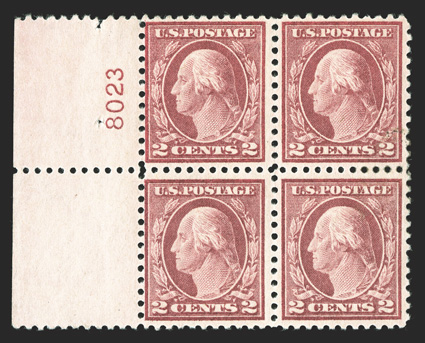 499h, 2c Lake, scarce left sheet-margin plate no. 8023 block of four of the so-called Boston Lake shade, fresh and intact, the right stamps especially well centered, o.g.,
l.h., left pair n.h., left stamps fine, right stamps very fine and choi