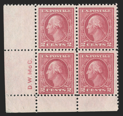 500, 2c Deep rose, Ty. Ia, attractive mint bottom left corner sheet-margin sideographers initials D.W. McC. block of four, post office fresh, o.g., n.h., top right stamp with a
natural gum inclusion, fine.