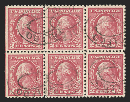 500, 2c Deep rose, Ty. Ia, scarce left margin used block of six (3x2), well centered, especially the right four stamps, light Toledo, Ohio double oval cancels, bottom right
stamp with shallow thinning not noted on the certificate, otherwise fi