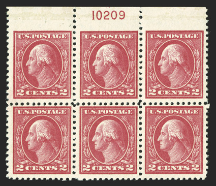 500 var., 2c Deep rose, Ty. Ia, imperforate at top between stamps and sheet selvage, top margin plate no. 10209 block of six, incredibly fresh, eye-catching intense color,
immaculate o.g., n.h., a few perf. separations at top, fine-very fine and