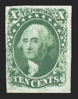 14, 10c Green, Ty. II, scarce mint single, three large margins, strong rich color and a sharp impression, full o.g., lightly hinged, nearly very fine 2002 PSE
certificate.