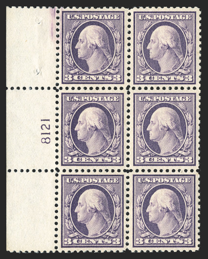 501, 3c Light violet, Ty. I, fantastic left margin plate no. 8121 block of six, extraordinarily well centered throughout, with each stamp being precisely centered within large
balanced margins, rich luxuriant color and detailed impression on fre