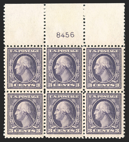 502, 3c Dark violet, Ty. II, desirable full top margin plate no. 8456 block of six, fresh and intact, nicely centered, strong color and impression, pristine o.g., n.h., very
fine.