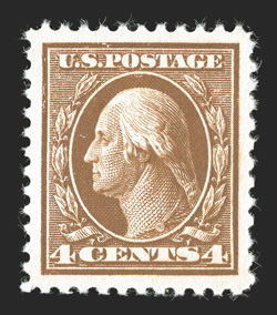 503, 4c Brown, gem mint single that is precisely centered amid extravagantly large margins, beautiful rich color and a sharp impression on fresh paper, unblemished o.g., n.h.,
extremely fine 2009 PSE certificate (Superb 98 Jumbo SMQ $490.00 fo