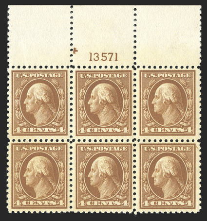 503, 4c Yellow brown, top margin plate no. 13571 block of six, rich distinctive shade and strong impression on fresh paper, remarkably well centered, crisp and intact, o.g.,
n.h., bottom right stamp with a small gum disturbance spot, choice very