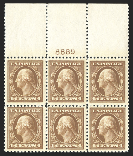 503, 4c Brown, full top margin plate no. 8889 block of six, sumptuously rich color on fresh paper, nicely centered, o.g., n.h., some perf. separations in the selvage at top
left, very fine.