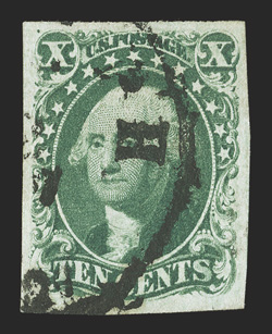14, 10c Green, Ty. II, uniformly large margins all around, rich luxuriant color and strong impression on crisp white paper, town cancel, extremely fine.