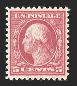 505, 5c Rose error, unusually well centered and margined, rich vibrant color and a crisp impression, pristine o.g., n.h., extremely fine 2009 PSE certificate (XF 90 SMQ
$1,250.00).