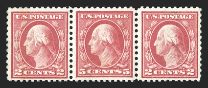 505, 5c Rose error, the center stamp in a horizontal strip of three, well centered, o.g., n.h., fine-very fine, the error extremely fine.