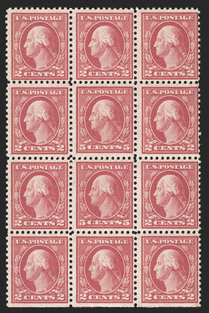 505, 5c Rose error, double error at the center of a bottom margin block of twelve, post office fresh and intact, immaculate o.g., n.h., fine-very fine.