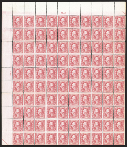 505, 5c Rose error, double error in a complete pane of 100, bright color, o.g., n.h., top error stamp with small inclusion, fine-very fine.