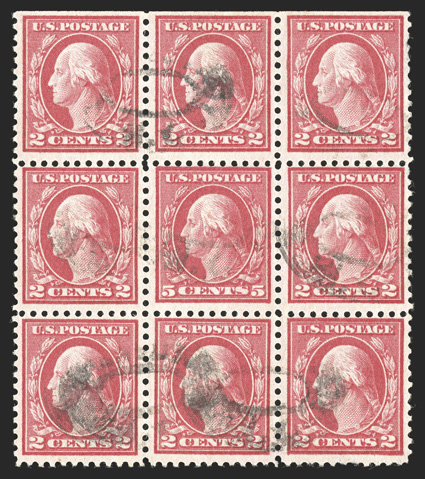 505, 5c Rose error, single error at the center of a top margin used block of nine, light double oval cancels, thinning not affecting the error, fine appearance and quite
scarce.