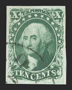14, 10c Green, Ty. II, large margins all around, deep rich color and sharp impression on fresh white paper, light and unobtrusive town cancel, extremely fine.