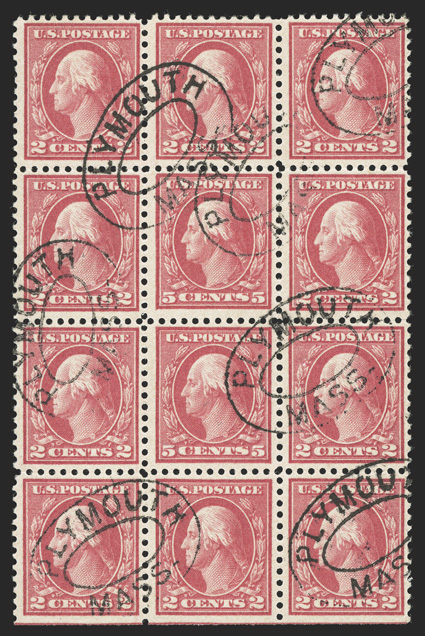 505, 5c Rose error, a highly elusive used bottom margin block of twelve, the center stamp the errors, strong color on clean white paper, crisp and intact perforations all
around, neat double oval Plymouth, Mass. postmarks, very fine and rare.