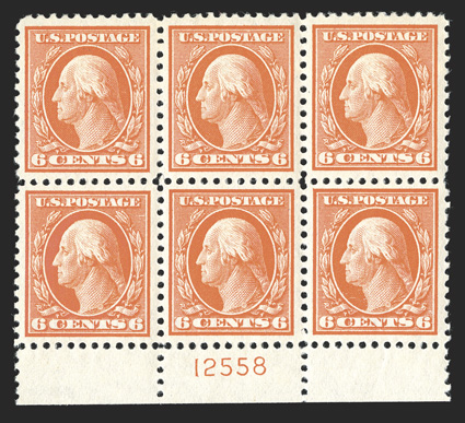 506, 6c Red orange, striking bottom margin plate no. 12558 block of six, possessing fantastic centering throughout, with each stamp being beautifully centered amid large
margins, radiant rich color, strong and intact, o.g., top center and bottom