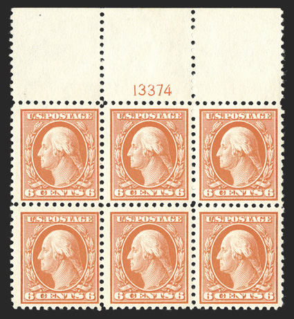 506, 6c Red orange, full top margin plate no. 13374 block of six, brilliantly fresh, o.g., l.h. in the selvage only, the stamps n.h., fine-extremely fine.