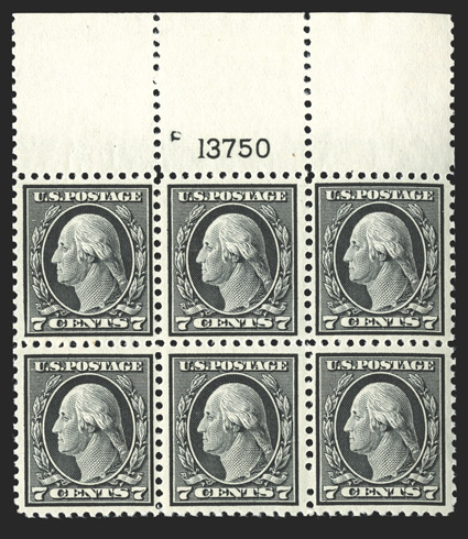 507, 7c Black, handsome full top margin plate no. 13750 block of six of this perennially difficult value, marvelously well centered, especially when compared to the others,
rich color on bright paper, strong and intact perforations all around, o