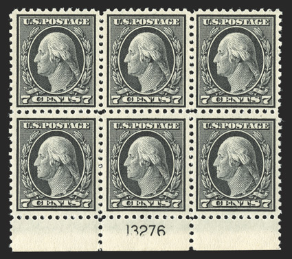 507, 7c Black, pristine bottom margin plate no. 13276 block of six, remarkably well centered for this always difficult plate block, rich color and sharp impression, crisp and
intact, immaculate o.g., n.h., choice very fine quite elusive in this