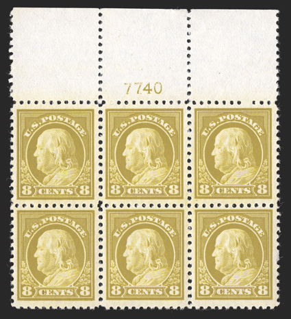 508, 8c Olive bister, fantastic full top margin plate no. 7740 block of six, marvelously well centered and margined, luxuriant color and a deeply etched impression, post office
fresh and intact, pristine o.g., n.h., extremely fine an especially