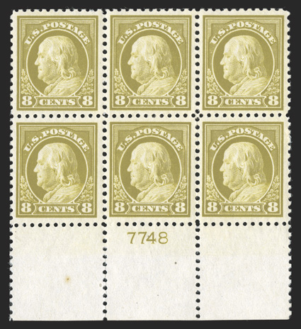 508, 8c Olive bister, choice bottom margin plate no. 7748 block of six, exceptionally well centered, strong and intact, o.g., l.h., left pair n.h., extremely
fine.
