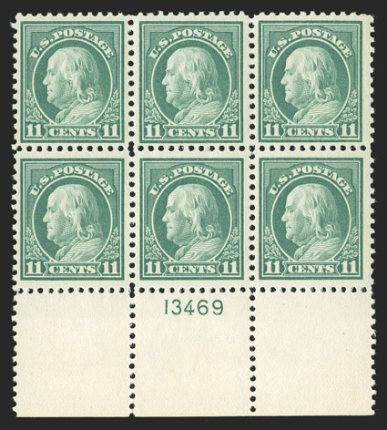 511, 11c Light green, wide bottom margin plate no. 13469 block of six, beautifully centered, bright and fresh, o.g., five stamps n.h., extremely fine.