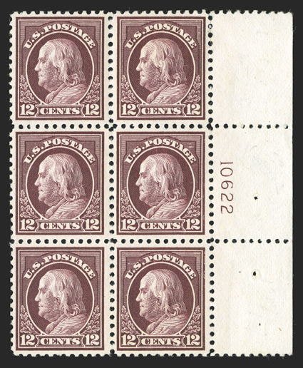 512, 12c Claret brown, right margin plate no. 10622 block of six, uncommonly well centered, luxuriant rich color on fresh white paper, o.g., l.h., bottom four stamps n.h.,
choice very fine.