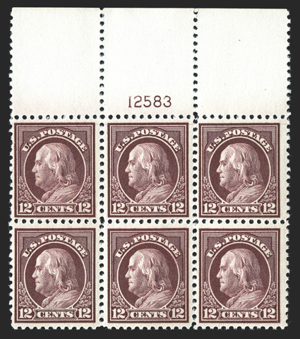 512, 512a 12c Claret brown, Brown carmine, each in a full top margin plate number block of six, the colors are especially rich and bright, showing the contrasting shades quite
well, nicely centered, o.g., n.h., 512a with gum skips, very fine.