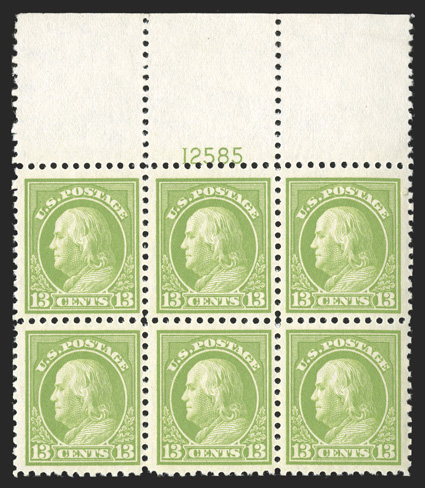 513, 13c Apple green, select full top margin plate no. 12585 block of six, incredibly fresh, with gloriously rich color on immaculate white paper, exceptionally well centered,
strong and intact perforations, o.g., n.h., choice very fine.
