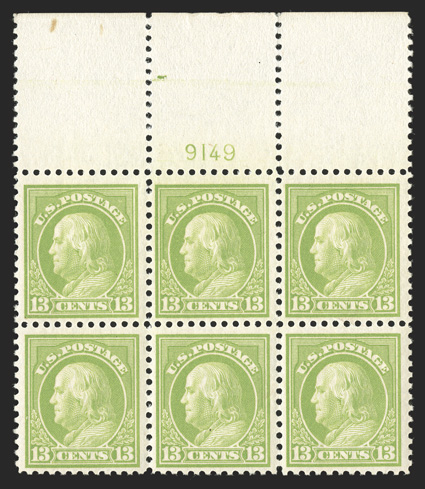 513, 13c Apple green, full top margin plate no. 9149 block of six, particularly well centered, strong color and impression on fresh paper, immaculate o.g., n.h., a few perf.
separations in the selvage at top right, very fine and choice.