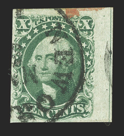 14, 10c Green, Ty. II, pos. 60L, ample to huge margins, including a right interpanneau margin with guide line, rich color, New Orleans c.d.s. and a bit of a red cancel as well,
choice very fine.