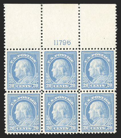 515, 20c Light ultramarine, a sensational full top margin plate no. 11796 block of six, boasting essentially perfect centering, with each stamp being precisely centered,
particularly bright and fresh, o.g., l.h. in the selvage only, the stamps a