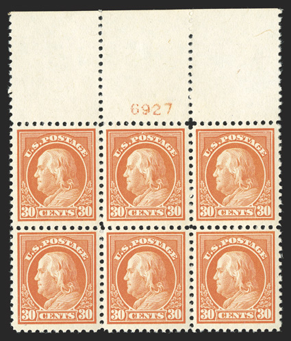 516, 30c Orange red, handsome full top margin plate no. 6927 block of six, excellent centering and very fresh, crisp and intact, o.g., bottom center stamp very light hinged,
the others all n.h., extremely fine.