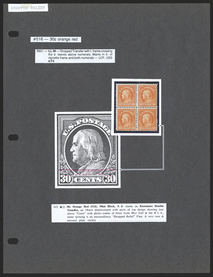 516 var., 30c Orange red, double transfer, mint block of four, bottom right stamp the variety, showing a spectacular double transfer, being an 18mm displacement with parts of
the top design showing just above cents at bottom (perhaps more accu