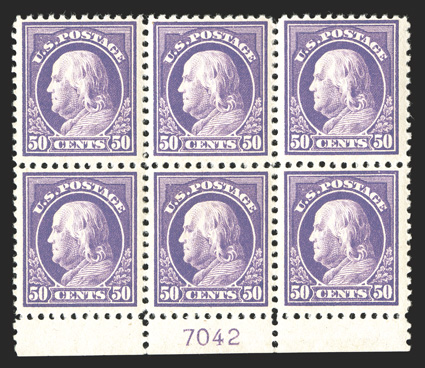 517, 50c Red violet, fresh bottom margin plate no. 7042 block of six, nicely centered, rich color on crisp clean paper, o.g., bottom center stamp l.h. and the rest n.h., very
fine.