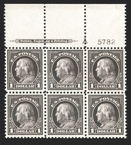 518, $1.00 Violet brown, premium quality full top margin imprint, letter A and plate no. 5782 block of six, remarkably well centered and wonderfully fresh, with strong and
intact perforations all around, o.g., top center stamp very lightly hin