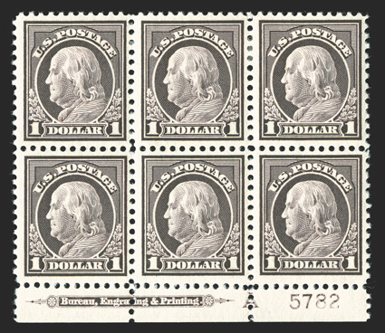 518, $1.00 Violet brown, bottom margin imprint, letter A and plate no. 5782 block of six, uncommonly well centered, crisp and intact, o.g., small h.r.s at top, bottom stamps
n.h., very fine.