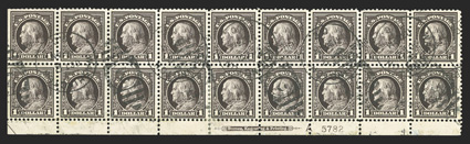 518, $1.00 Violet brown, remarkable bottom margin imprint, letter A and plate no. 5782 used block of eighteen, very well centered throughout, neat Washington, D.C.Oct 12, 1917
duplex postmarks, a few hinged reinforced perf. separations at b