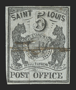 11X1, St. Louis, Mo. 5c Black on greenish wove Postmaster Provisional, used, full margins all around, strong color and impression, black ms. cancel, faint horizontal crease and a
repaired vertical tear, very fine appearance overall a highly col
