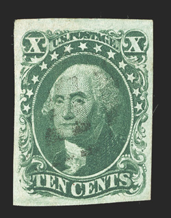 14, 10c Green, Ty. II, large margins all around, rich color and crisp impression on fresh paper, very lightly cancelled, very fine.